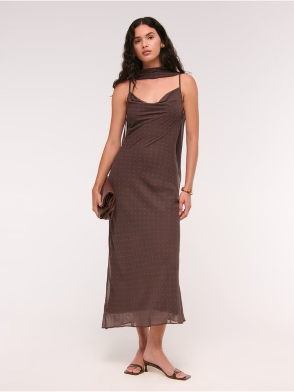 Abercrombie A&F Julia Slip Scarf Maxi Dress Brown & Pink Polka Dot